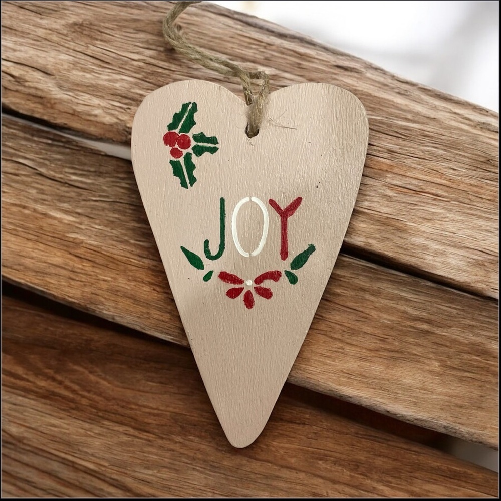 Handmade Joy Wooden Holiday Ornament - Cream and Red